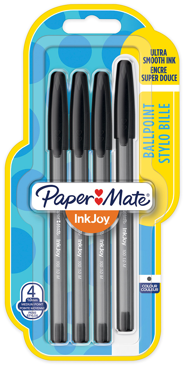 Papermate Inkjoy 100 Capped Ballpoint Pen - Medium - Black (Blister of 4), 1956714