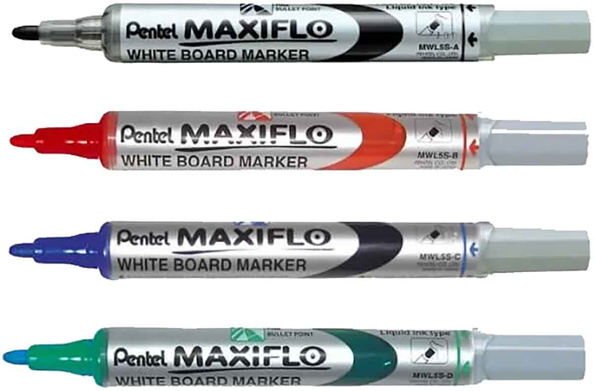 Pentel Maxiflo Whiteboard Markers - Bullet Tip - Assorted Colours (Pack of  4), YMWL5S-4