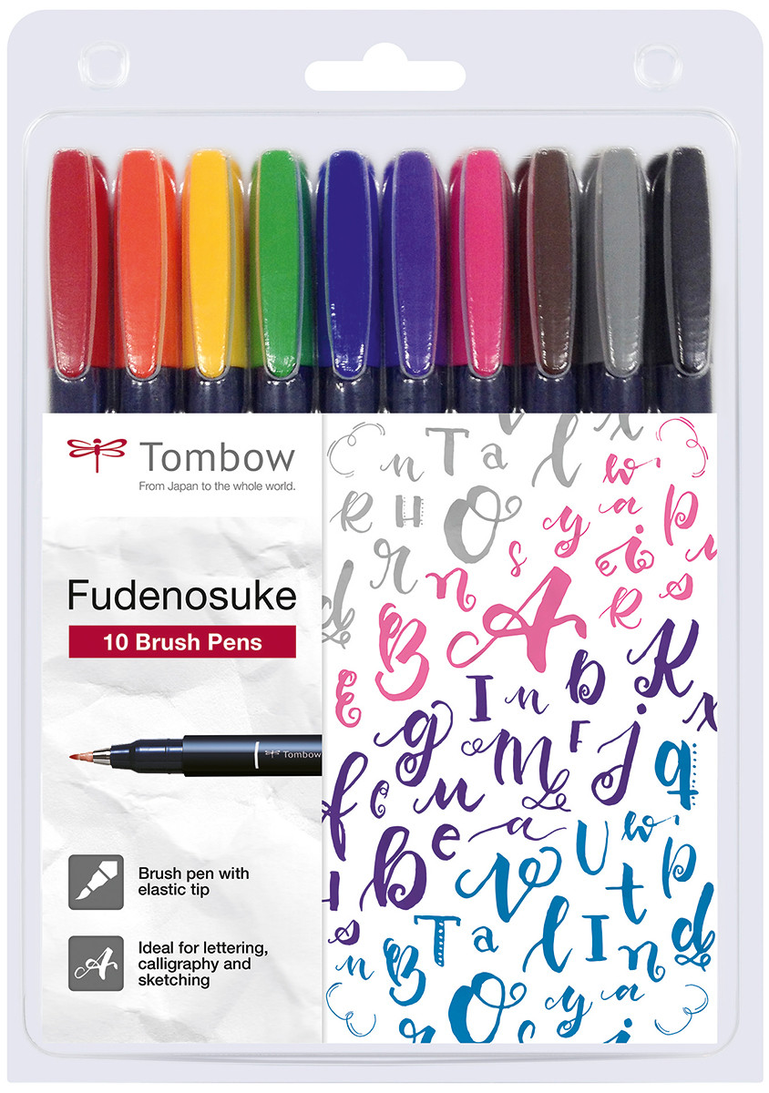 Tombow Fudenosuke Hard Tip Brush Pens - Assorted Colours (Pack of 10 ...