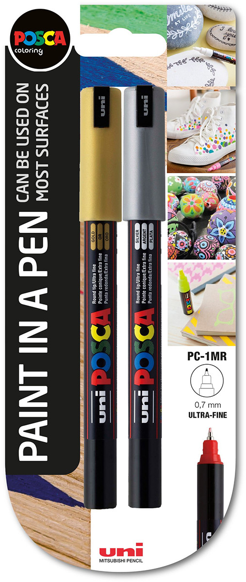 Uni POSCA Marker Pen PC-1M Extra Fine Set of 3 (White Gold Silver)