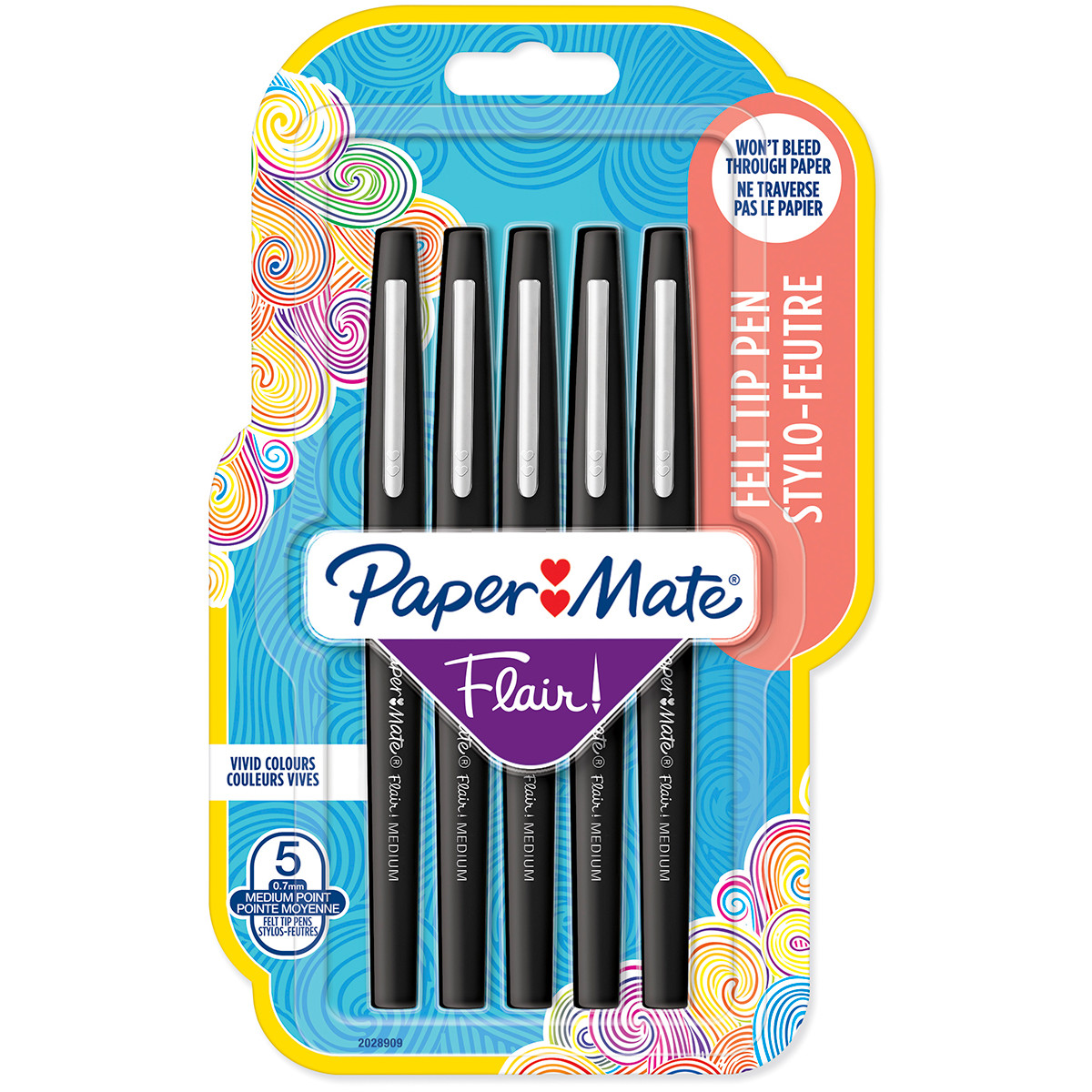 Papermate Flair Original Fibre Tip Pen - Medium - Black (Blister of 5), 2028909