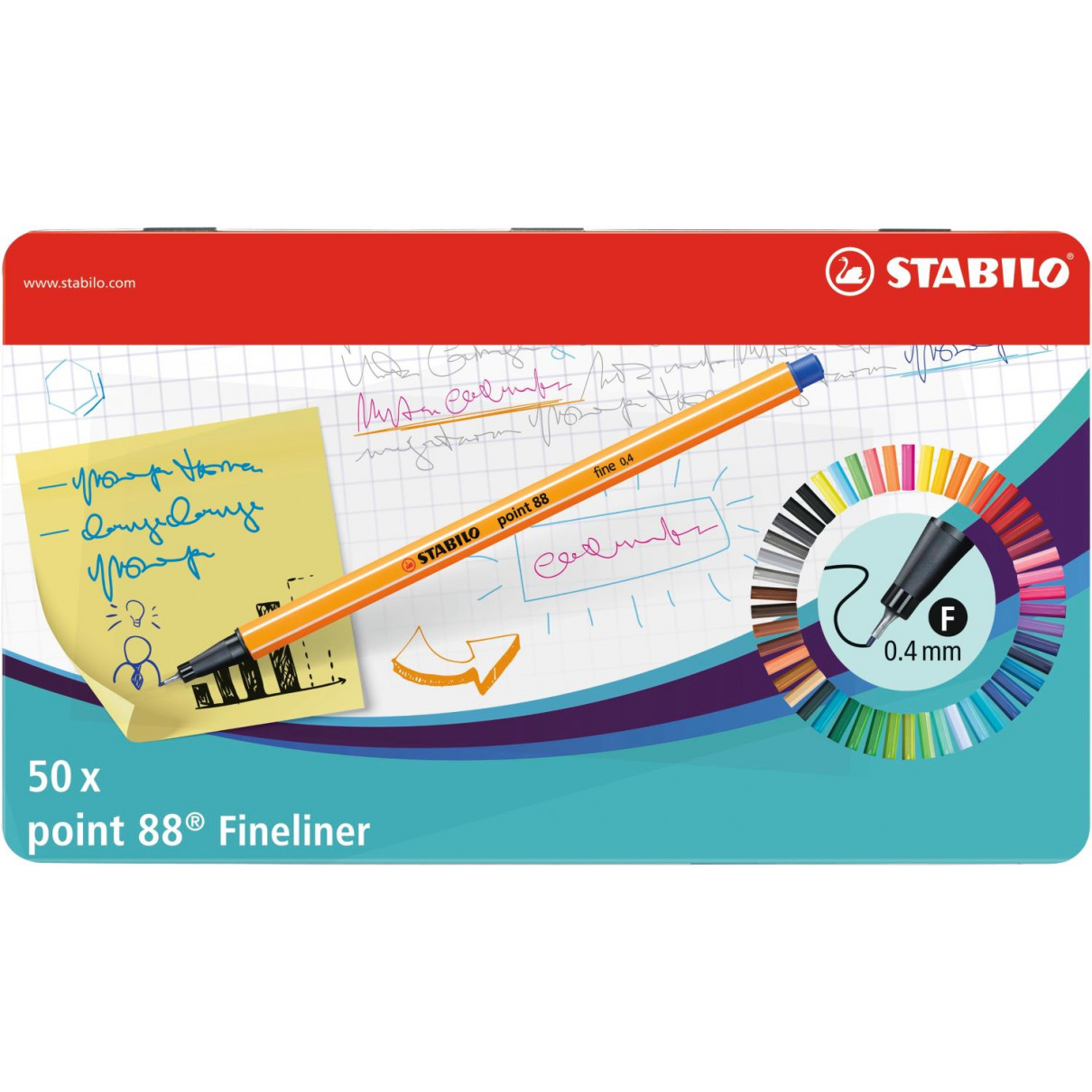 STABILO point 88 Fineliner - Tin of 50 - Assorted Colours, 8850-6