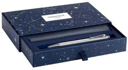 Caran d'Ache Ecridor Ballpoint Pen Gift Set - Chrome with Cosmic Blue Leather Pen Pouch