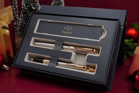 Parker IM Fountain Pen & Ballpoint Gift Set - Brushed Metal Gold Trim