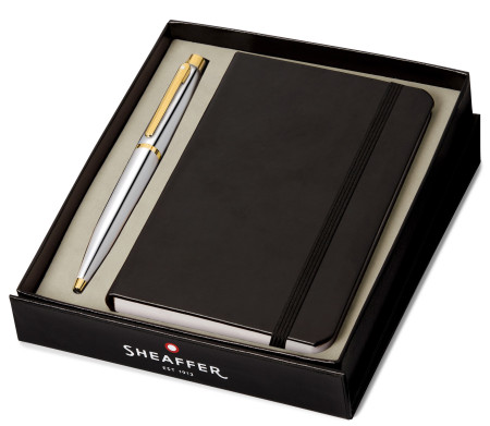 Sheaffer VFM Ballpoint Pen Gift Set - Polished Chrome & Gold with A6 Notebook
