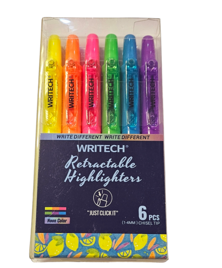 Writech Retractable Highlighter - Assorted Neon (Pack of 6)